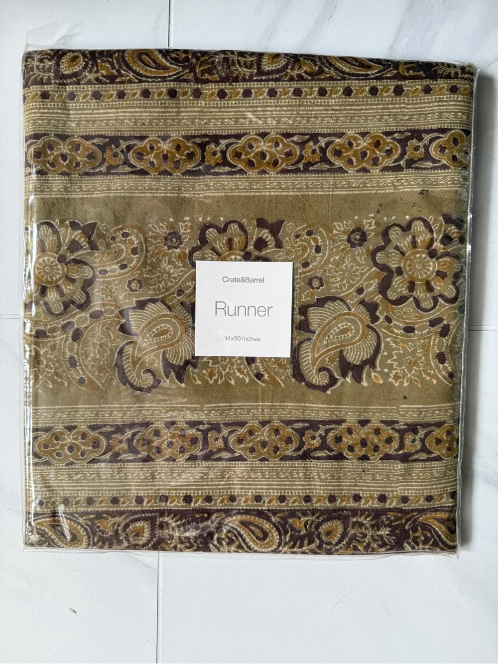 Crate & Barrel Rajastan Sage Table Runner 14x90 NEW